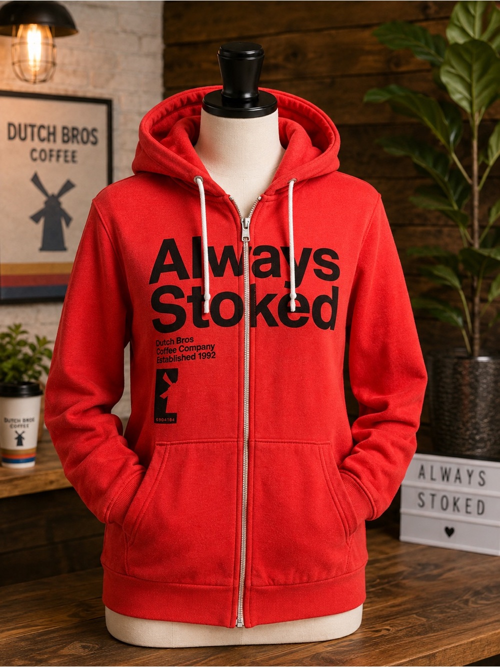 Dutch Bros Always Stoked Red Full Zip Hoodie Medium Coffee Graphic